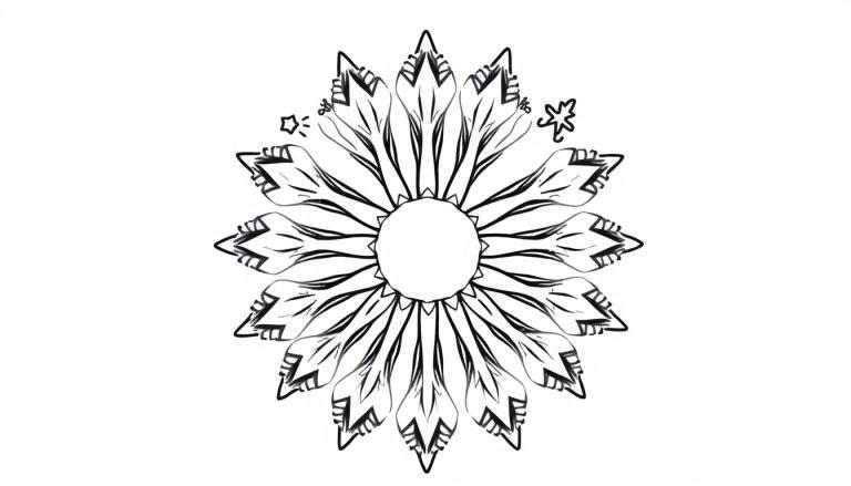 Gestileerde abstracte winter mandala kleurplaat met symmetrische patronen, bloemblaadjes en sterren.