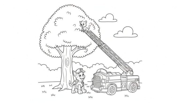 Kleurplaat van Paw Patrol's Marshall die een vrolijke kat redt uit een boom met een brandweerwagenladder. Gras en wolken op de achtergrond.