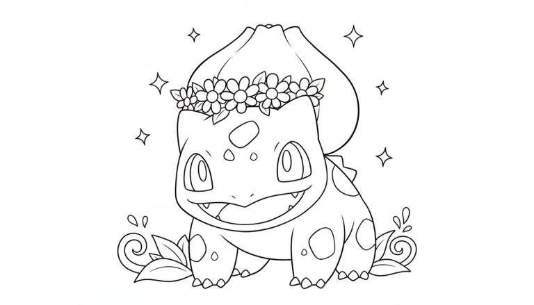 Zwart-witte kleurplaat van een vrolijke Bulbasaur met een bloemenkrans op zijn hoofd, lachend met zichtbare tandjes. Rond zijn voeten zijn plantenranken afgebeeld en op de achtergrond zweven sterretjes.