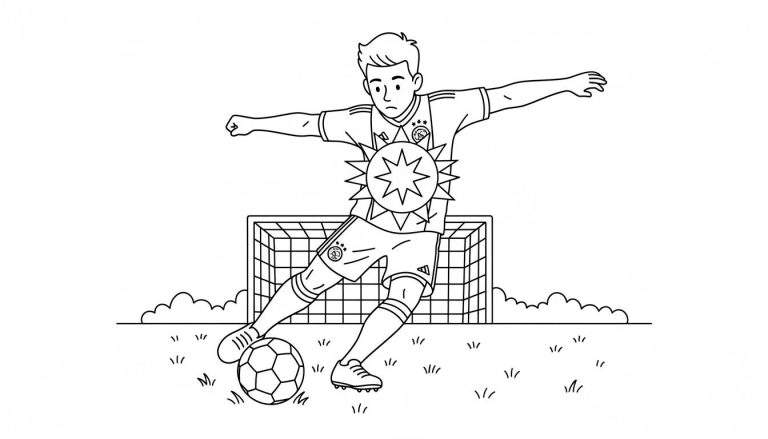 Kleurplaat van een Ajax voetballer in actie, trappend tegen een voetbal, met een grote stervormige energie-uitbarsting op zijn borst en een voetbaldoel op de achtergrond.