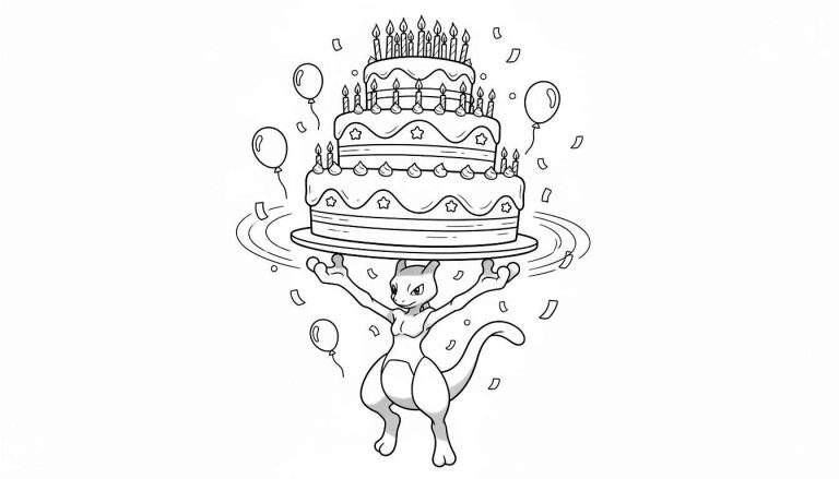 Kleurplaat van Mewtwo die een grote drielaagse verjaardagstaart met veel kaarsen, ballonnen en confetti omhoog houdt.