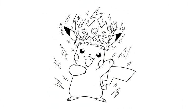 Lachende Pikachu kleurplaat met bliksemkroon en omringende bliksemschichten, arm geheven in een cartoonstijl.