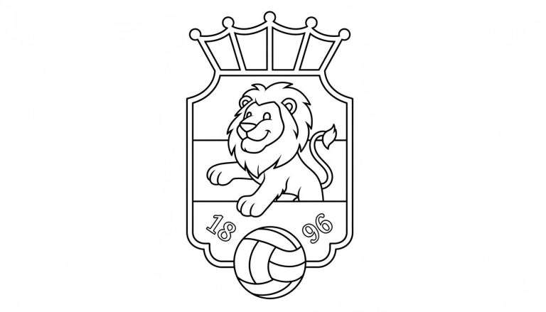 Zwart-witte kleurplaat van het Willem II clubembleem, met een lachende leeuw, een kroon, de jaartallen 1896 en een klassieke voetbal.