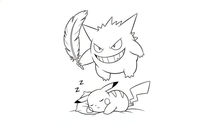 Kleurplaat van Gengar die een slapende Pikachu met een veer kriebelt. Gengar grijnst bovenaan, Pikachu slaapt op een kussen onderaan met 'Zz' tekens.