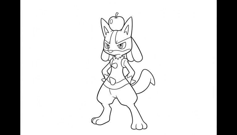 Zwart-wit kleurplaat van Pokémon Riolu, staand met handen in de zij, een appel balancerend op zijn hoofd en een serieuze, vastberaden uitdrukking.