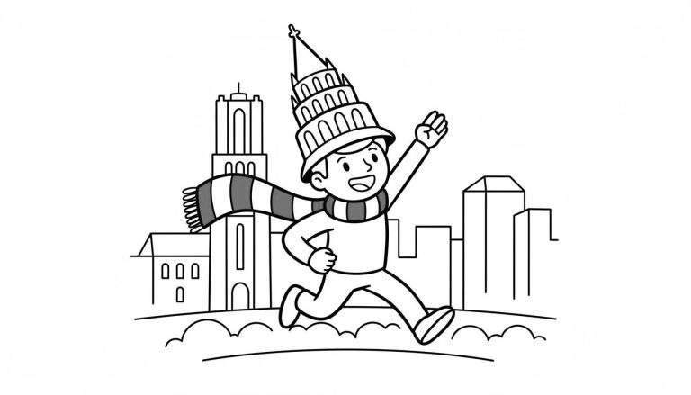 Zwart-wit kleurplaat van een vrolijke, rennende jongen met een Scheve Toren van Pisa hoed en gestreepte sjaal, voor een achtergrond van traditionele en moderne gebouwen. Thema: FC Utrecht.