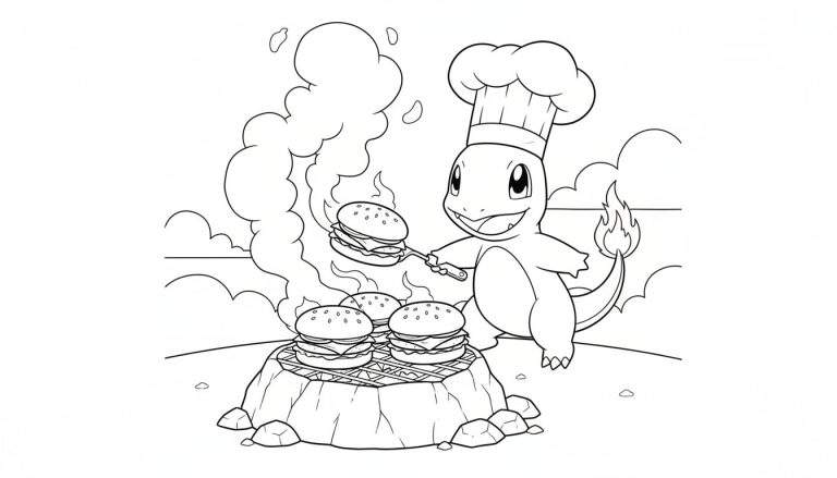 Kleurplaat van Charmander met koksmuts die hamburgers grilt op een stenen barbecue, lachend met vuur op zijn staart, rook en vlammen.