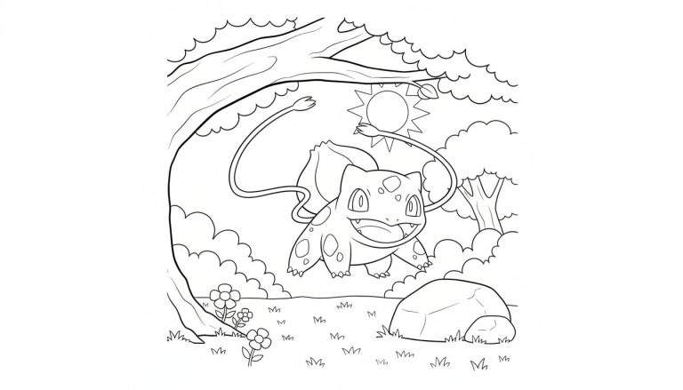 Kleurplaat van een breed lachende Bulbasaur met uitgestrekte lianen, omringd door een natuurlijke omgeving met een grote boom, struiken, zon, gras, bloemen en een steen.