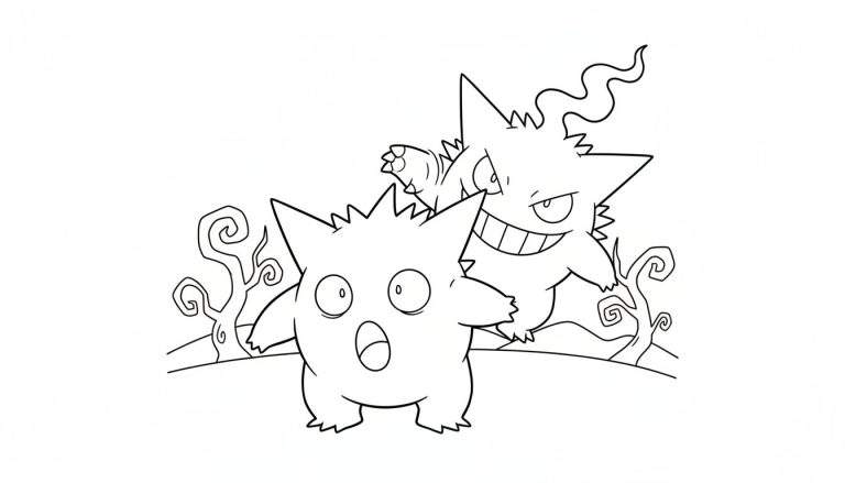 Zwart-wit kleurplaat van Pokémon Gengar die een klein, rond en stekelig wezentje laat schrikken. Gengar heeft een brede, gemene glimlach, dreigende ogen en golvende geestenenergie boven zijn hoofd. Het geschrokken wezentje heeft grote ogen en een wijd open mond. Op de achtergrond staan kronkelige, spookachtige bomen.