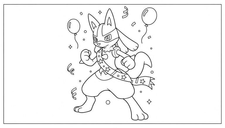Kleurplaat van Lucario in feestelijke outfit met pluizige halskraag, sterrensjerp, gebalde vuisten, omringd door ballonnen, confetti en slingers.