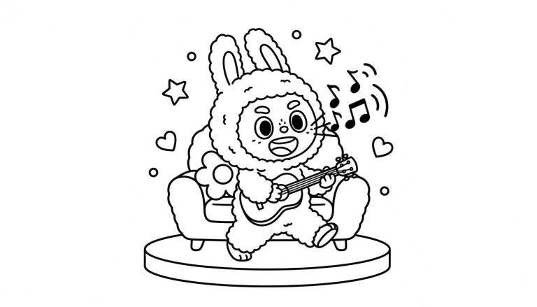 Zwart-wit kleurplaat van Labubu, een pluizig konijnachtig figuur, zittend op een fauteuil en gitaar spelend, omringd door muzieknoten, sterren en harten.