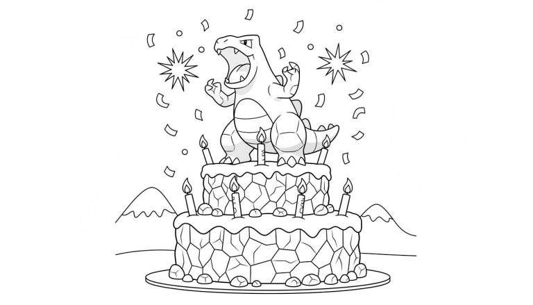 Kleurplaat van feestelijke Tyranitar op een tweelaagse verjaardagstaart met negen brandende kaarsjes, omringd door confetti en sterren.