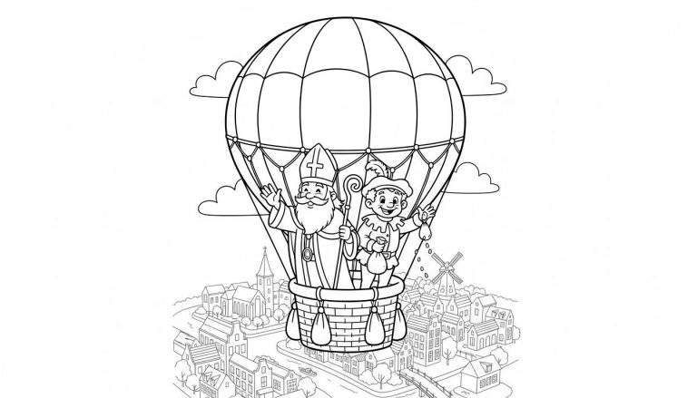 Lijntekening van Sinterklaas en een pepernoten strooiende Piet in een heteluchtballon die over een gedetailleerd Nederlands dorp met kerk, molen en rivier vliegt.