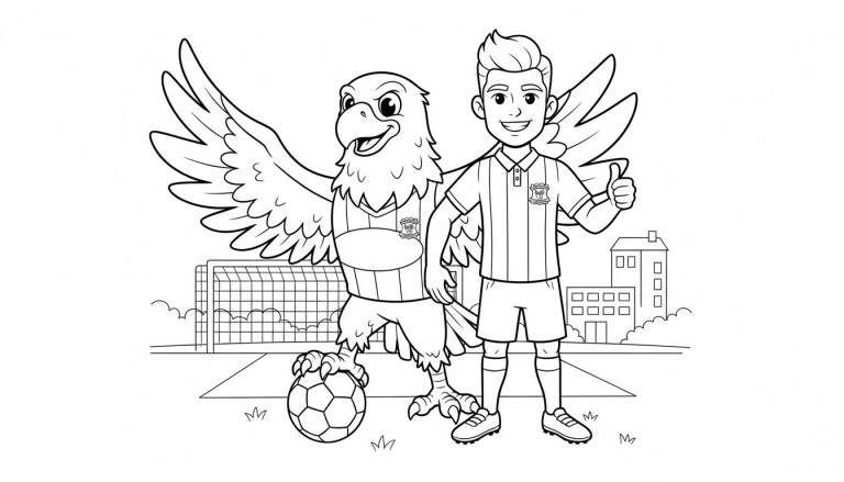 Zwart-wit kleurplaat van Go Ahead Eagles arend mascotte en een lachende jongen met voetbaltenue en vleugels op een voetbalveld met doel.