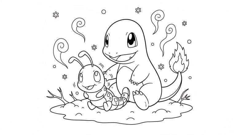 Kleurplaat van Charmander en Caterpie die vrolijk samen zitten, omringd door decoratieve elementen, op een oneffen ondergrond.