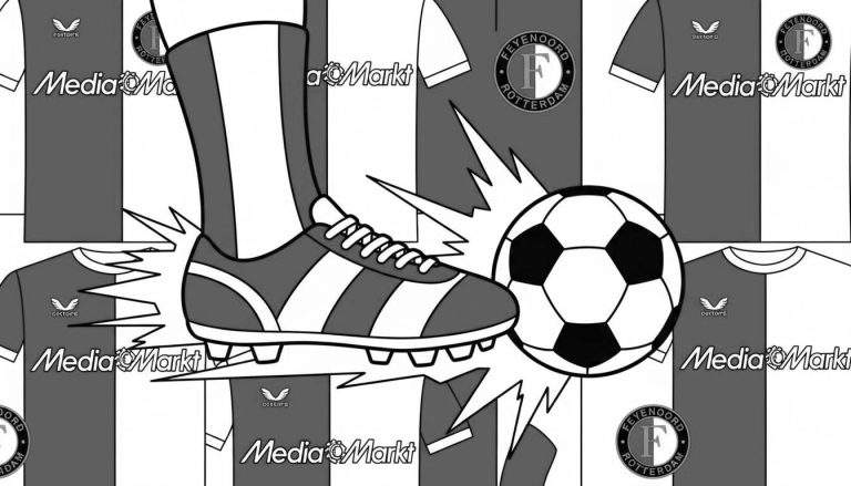 Zwart-witte Feyenoord voetbal kleurplaat met prominent een actieve voetbalschoen en bal op de voorgrond. De achtergrond toont herhalende Feyenoord shirts, gesplitst in donkergrijs en wit, met logo's van Castore, Media Markt en het Feyenoord clublogo.