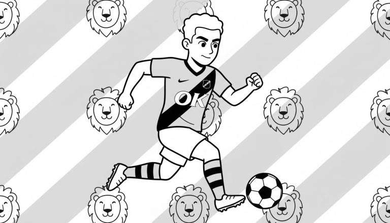 Zwart-wit kleurplaat van een cartoon voetballer in NAC Breda tenue die dribbelt met een bal, met een achtergrond van diagonale strepen en glimlachende leeuwenkoppen.