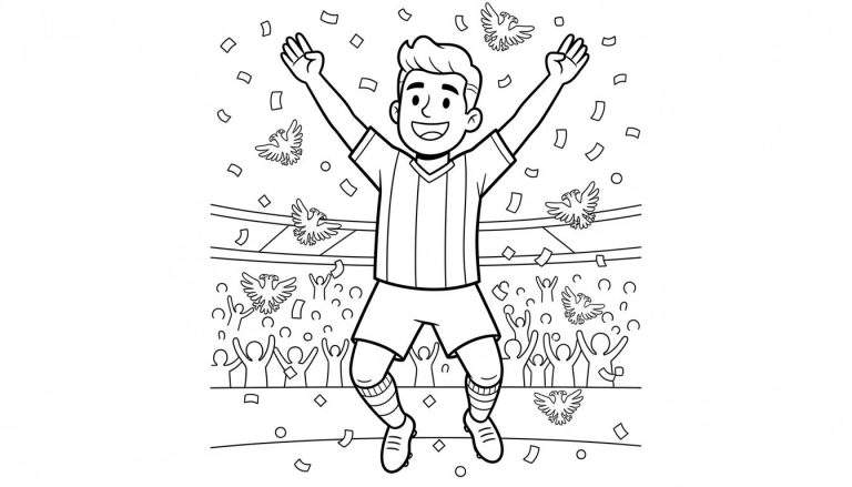 Kleurplaat van een juichende Vitesse-voetballer in de lucht springend met armen omhoog, omringd door confetti en vogels, voor een stadion vol juichend publiek. De speler draagt een gestreept shirt en lacht breed.