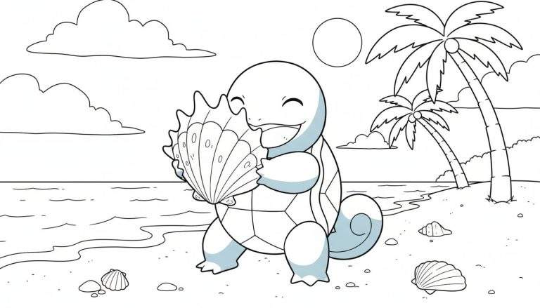 Kleurplaat van een lachende Squirtle op een zomers strand, die een grote schelp vasthoudt, met palmbomen en golven op de achtergrond.