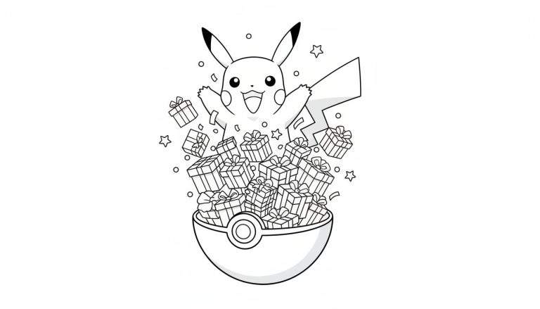 Kleurplaat van een vrolijke Pikachu die uit een Pokébal springt, omringd door cadeautjes, sterretjes en confetti.