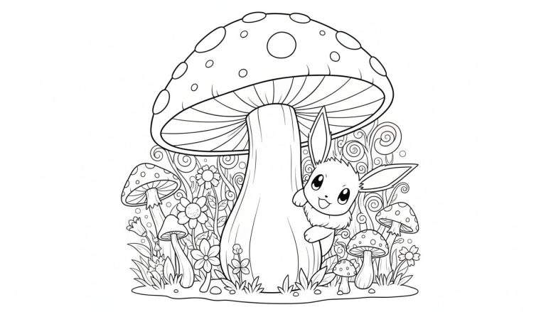 Kleurplaat van een Eevee-achtig wezentje dat achter een grote gestippelde paddenstoel vandaan piept, omringd door kleinere paddenstoelen, bloemen en bosvegetatie.