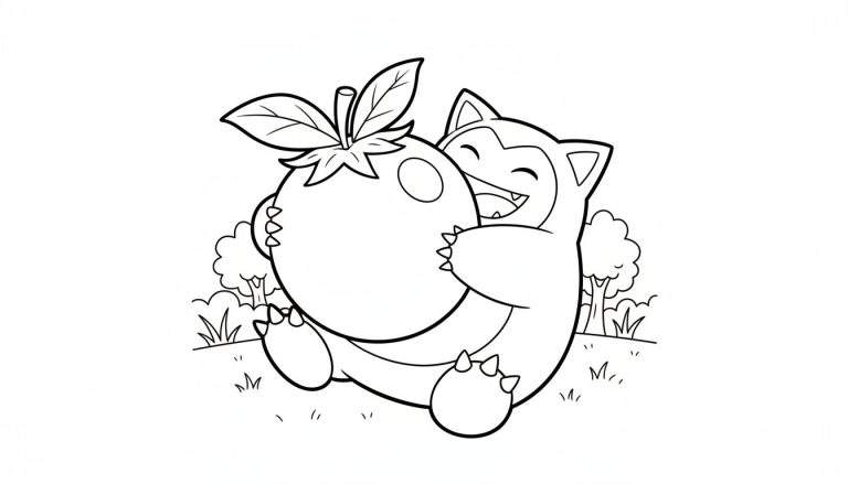 Zwart-wit kleurplaat van een vrolijke Snorlax die breed lachend een grote ronde vrucht omhelst in de natuur.