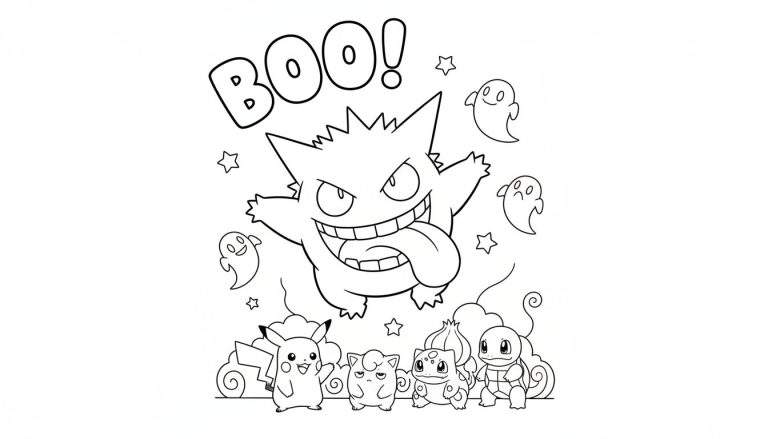 Zwart-wit Halloween kleurplaat met een grote lachende Gengar en de tekst 'BOO!'. Onderaan staan Pikachu, Clefairy, Bulbasaur en Squirtle.