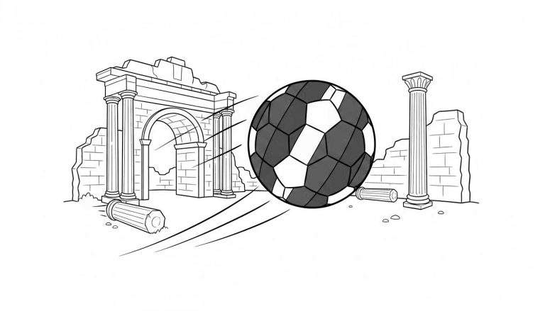 Zwart-wit lijntekening van een bewegende voetbal met snelheidslijnen, geplaatst voor de ruïnes van een oud gebouw met bogen en omgevallen zuilen. Onderwerp: NEC.