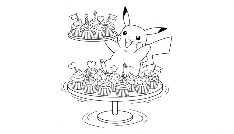 Kleurplaat van blije Pikachu met open armen, een dienblad met zes feestcupcakes en een etagère met elf extra versierde cupcakes.
