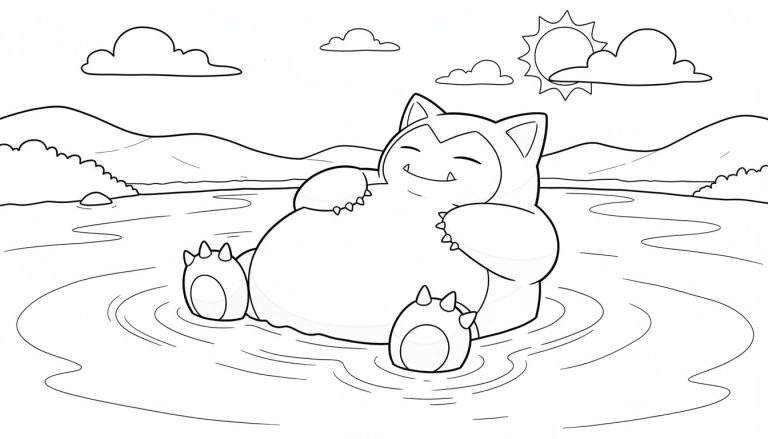 Zwart-wit kleurplaat van Snorlax die lachend en ontspannen in het water zit, met gesloten ogen. Rondom hem zijn waterrimpelingen te zien, tegen een achtergrond van heuvels, struiken, wolken en een stralende zon.