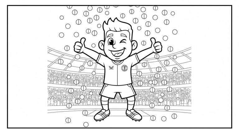 Zwart-wit kleurplaat van een lachende jongen in Feyenoord sporttenue met voetbalschoenen, die met twee duimen omhoog en knipoog juicht in een voetbalstadion met publiek en zwevende objecten.