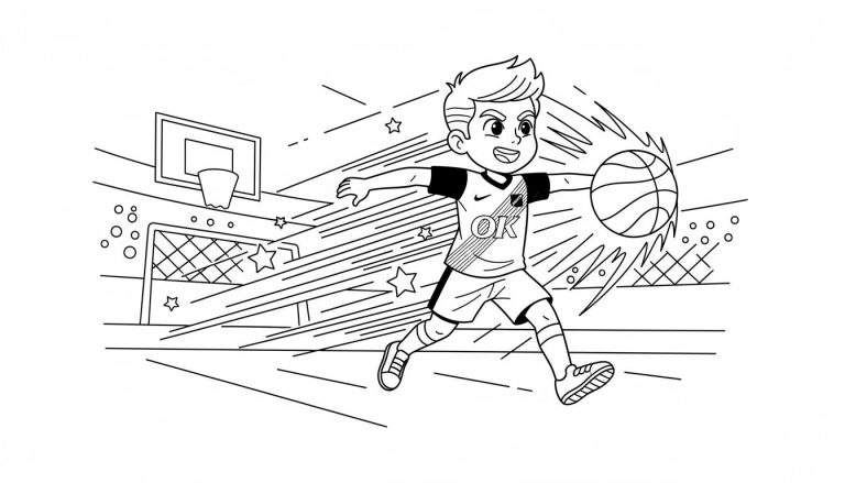 Zwart-wit kleurplaat: energieke jongen met stekelig haar speelt basketbal, lachend, met bal en bewegingslijnen; NAC Breda-gerelateerd.