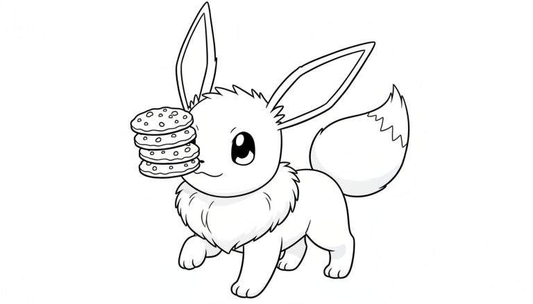 Kleurplaat van Eevee, een Pokémon, die vier chocoladekoekjes op zijn snuit balanceert. De achtergrond is wit.