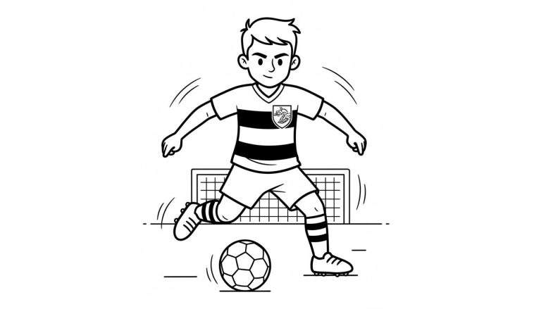 Zwart-wit lijntekening van een jonge FC Den Bosch voetballer in actie, trappend tegen een bal voor een voetbaldoel.