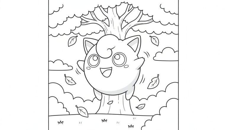 Zwart-wit lijntekening kleurplaat van een vrolijke, lachende Jigglypuff Pokémon op een boomstronk, omringd door herfstbladeren en een boom.