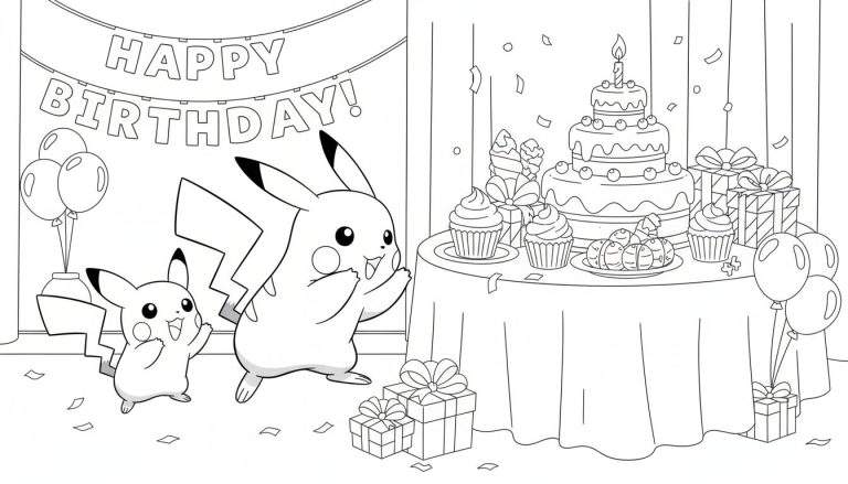 Kleurplaat van twee vrolijke Pikachu's op een verjaardagsfeestje met taart, cadeautjes, ballonnen en confetti.