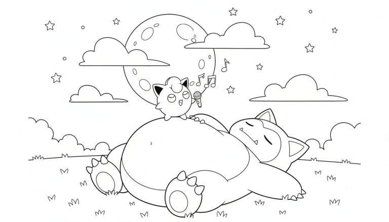Zwart-wit kleurplaat met slapende Snorlax en Jigglypuff die een slaapliedje zingt in een microfoon op Snorlax' buik, met muzieknoten, volle maan, sterren, wolken en gras in een nachtelijke omgeving.