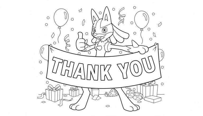 Zwart-wit lijntekening van Lucario met een vrolijke uitdrukking die een duim omhoog geeft en een "THANK YOU" spandoek vasthoudt. Rondom zijn ballonnen, confetti, slingers en cadeautjes te zien.