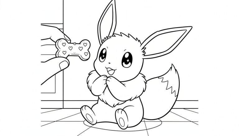 Zwart-wit kleurplaat van Eevee die blij en verwachtingsvol omhoog kijkt naar een hand die een botvormig koekje met hartjes vasthoudt.