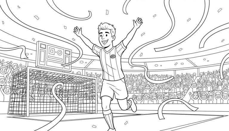 Kleurplaat van een lachende PSV voetballer in gestreept shirt die juicht met armen omhoog in een stadion vol juichende fans, met confetti, een goal en scorebord op de achtergrond.