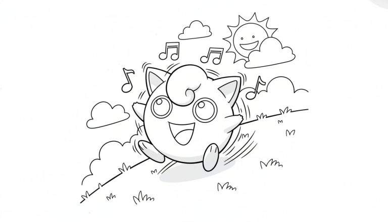 Kleurplaat van Jigglypuff die vrolijk zingt, omringd door muzieknoten, met een lachende zon en wolken boven en gras onderaan.