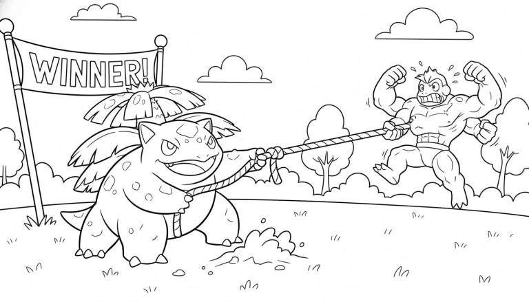 Kleurplaat van Ivysaur die touwtrekt en wint van Machamp; Ivysaur lacht, Machamp worstelt, met 'WINNER!' vlag, op grasveld met bomen en wolken.