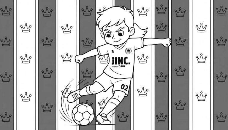 Zwart-wit kleurplaat van een kind in Excelsior voetbaltenue, schopt een bal met zijn/haar linkerbeen. Het shirt heeft JINC- en DSW-logo's, de achtergrond toont grijze banen met kleine kroontjes.