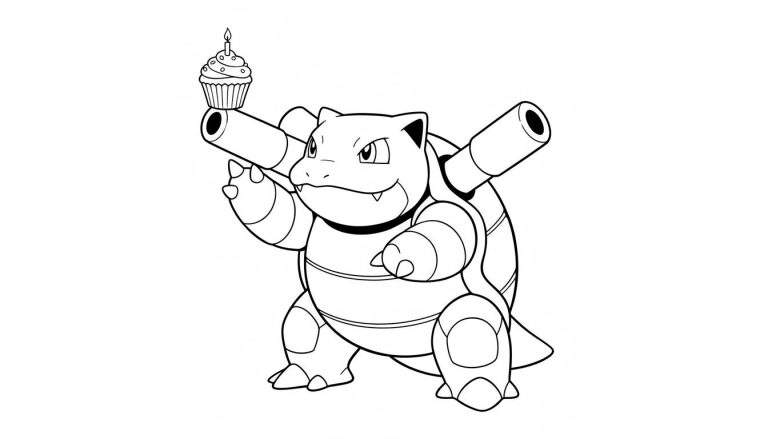 Zwart-wit kleurplaat van Blastoise, een schildpad-achtige Pokémon, die rechtop staat en een feestelijke cupcake met een brandende kaars op de loop van zijn kanon vasthoudt.