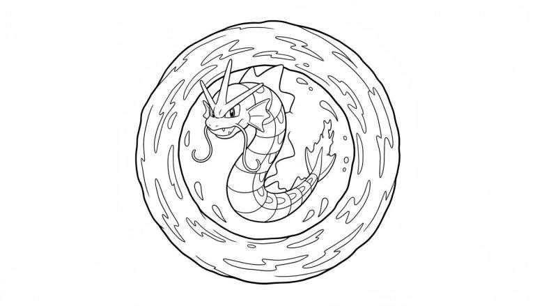 Lijntekening van Pokémon Gyarados in kolkend water, klaar om in te kleuren.