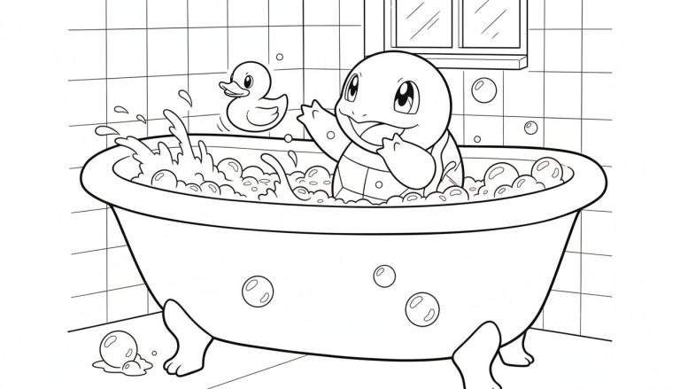 Zwart-wit kleurplaat van de Pokémon Squirtle die vrolijk in een badkuip met schuim en zeepbellen zit, naast een badeendje.