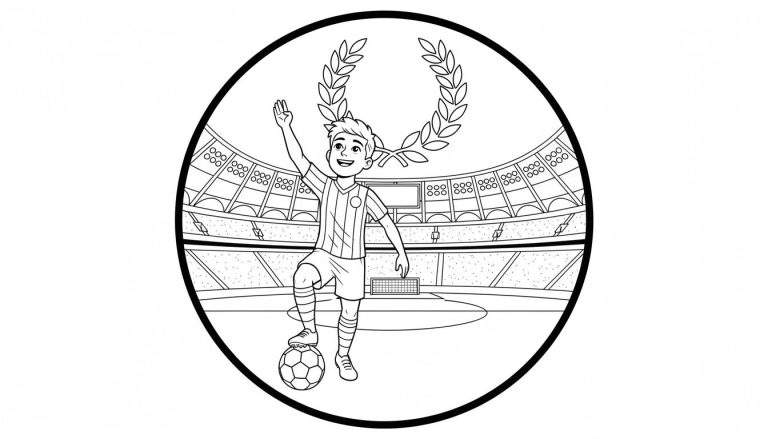 Kleurplaat van een juichende jongen in Sparta Rotterdam voetbaltenue met een lauwerkrans, staand op een voetbalveld in een stadion met toeschouwers.