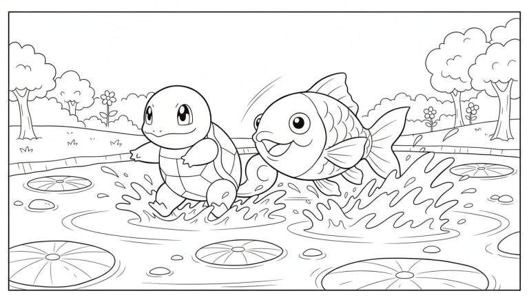 Zwart-wit kleurplaat van een Squirtle-achtige schildpad en een lachende vis die samen spetteren in een vijver met waterlelies, heuvels en bomen op de achtergrond.