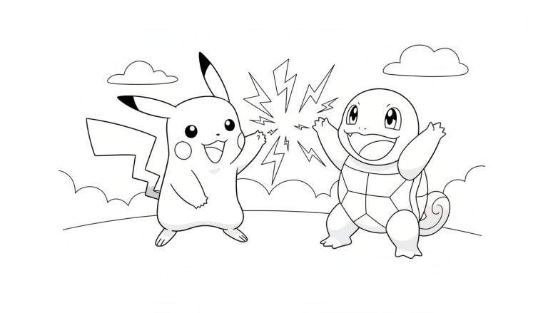 Zwart-wit kleurplaat van Pikachu en Squirtle die een elektrische 'high-five' doen, met bliksemschichten tussen hun omhooggestoken handen. Pikachu staat links, Squirtle rechts, beide lachend. Eenvoudige wolken op de achtergrond.