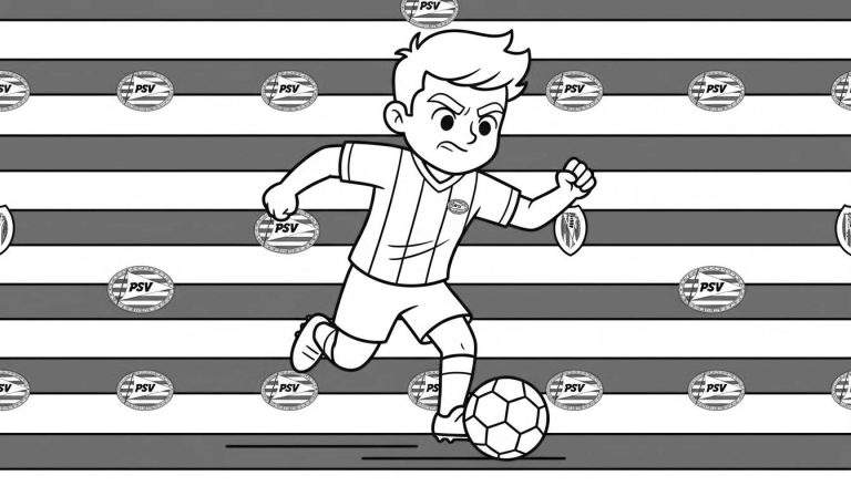 Zwart-wit kleurplaat van een vastberaden PSV-voetballer (jongen) in actie met de bal, omringd door herhalende PSV-logo's op een gestreepte achtergrond.